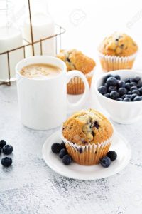 Bright and airy breakfast with blueberry muffin